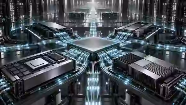 High-speed data links connecting multiple AI accelerator chips inside a server facility