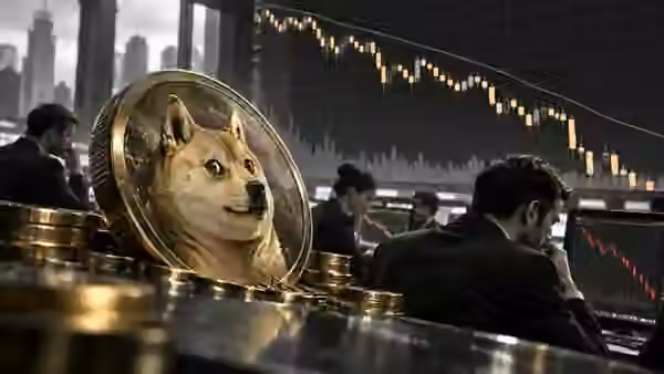 Dog-themed coin and traders beneath falling market charts