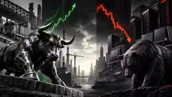 Bull and bear illustrations with contrasting green and red stock-market charts