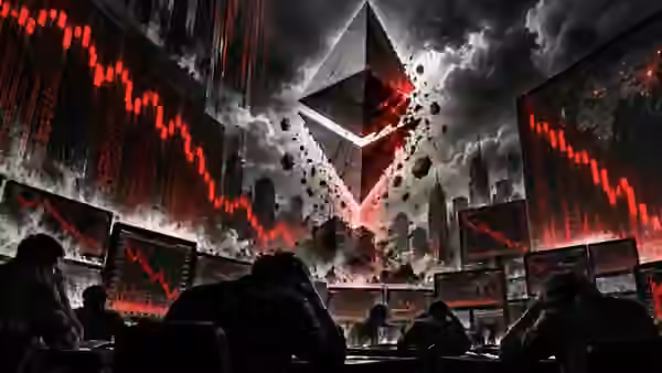 Ethereum-inspired symbol breaking apart over plunging red trading charts