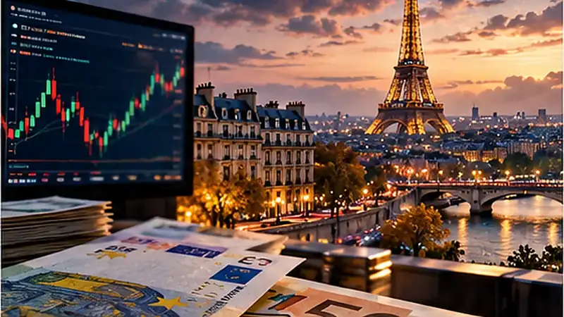 Original conceptual editorial illustration representing EUR/USD Outlook: Euro Edges Higher, but France’s Bond Stress Limits the Rally. The depicted screens and scenes do not show actual market data or an event photograph.