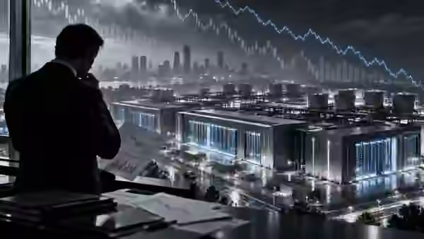 AI data-centre campus under a dark financial chart, with an executive reviewing reports