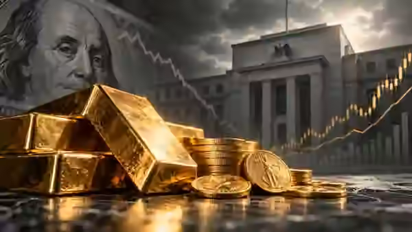 Gold bullion and coins in front of a central-bank-style building and market charts