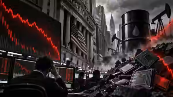 Illustration of falling stock charts, semiconductor chips and oil-market pressure on Wall Street