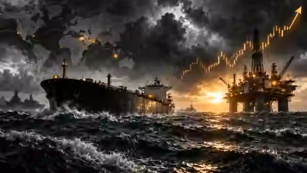 Oil tanker at sea beside an offshore drilling platform beneath storm clouds