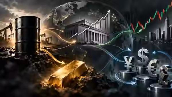 Illustration connecting oil, interest rates, gold, stock markets and global currencies