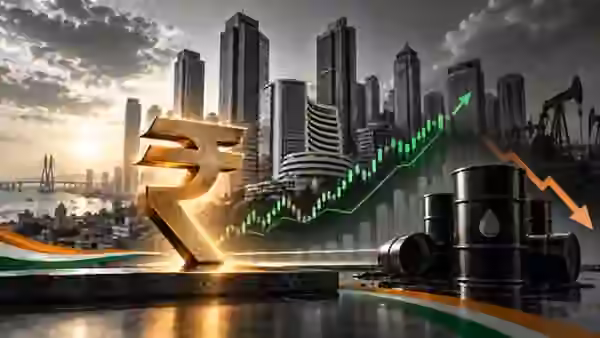 Indian rupee symbol before a Mumbai skyline, with a rising currency chart and falling oil-price motif