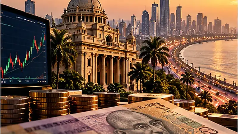 Original conceptual editorial illustration representing USD/INR: Indian Rupee Hits One-Month High After RBI Steps Up Currency Support. The depicted screens and scenes do not show actual market data or an event photograph.