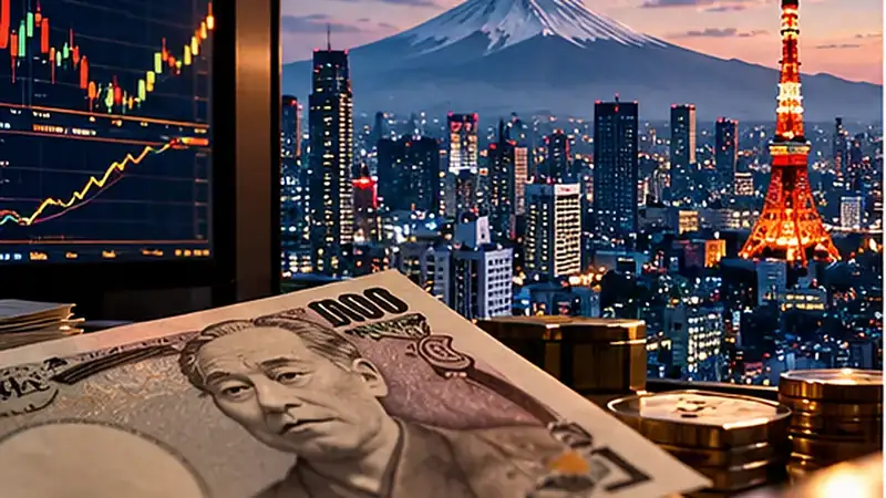 Original conceptual editorial illustration representing USD/JPY Outlook: Yen Trades Near 158.4 as US Yields Ease and Japanese Bonds Attract Buyers. The depicted screens and scenes do not show actual market data or an event photograph.